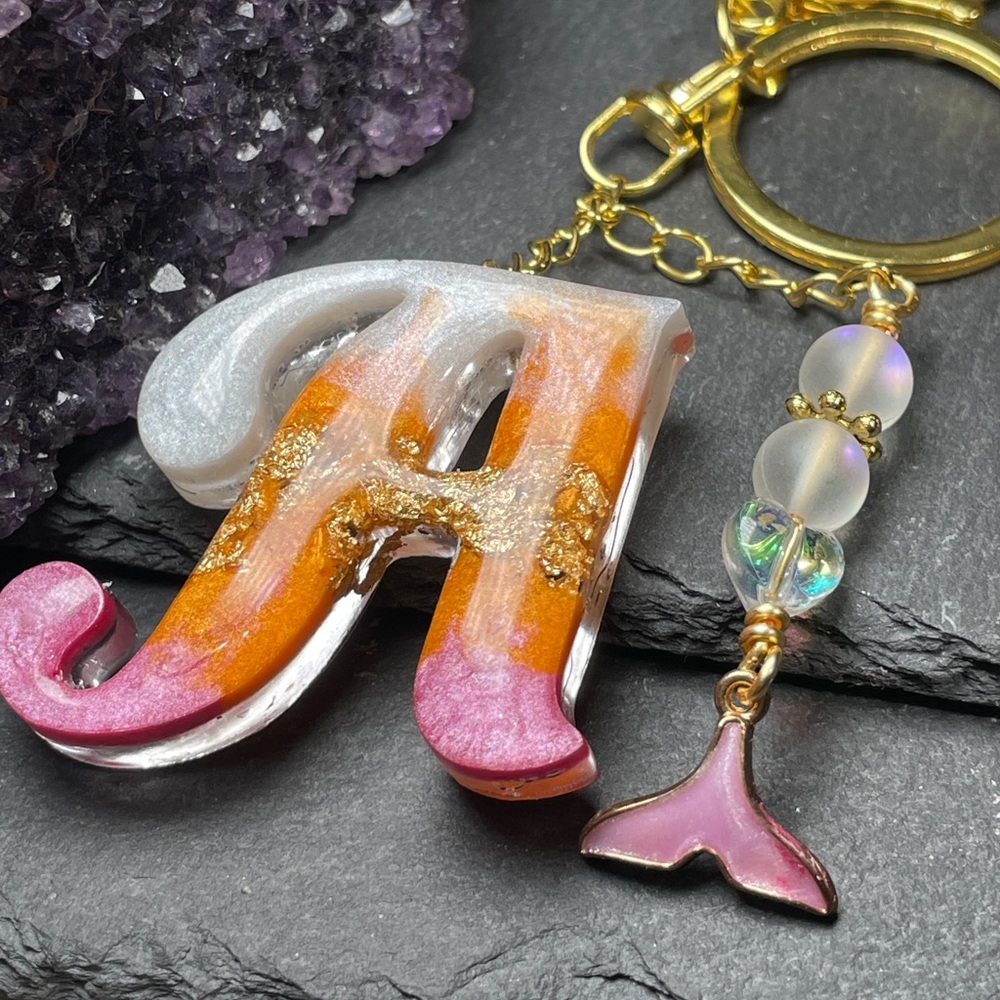 Custom Orange, Pink and Cream Letter “A” Keychain with Gold Accents - Picture 6 of 12